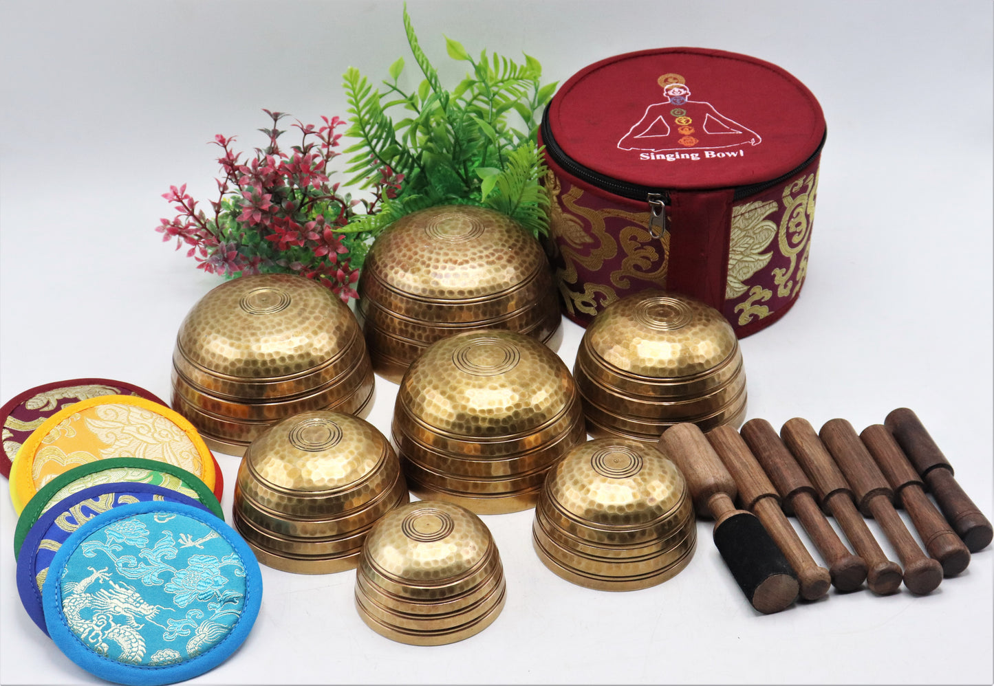 Set of 7 hand-hammered Tibetan singing bowls for sound healing, meditation, yoga, and balancing