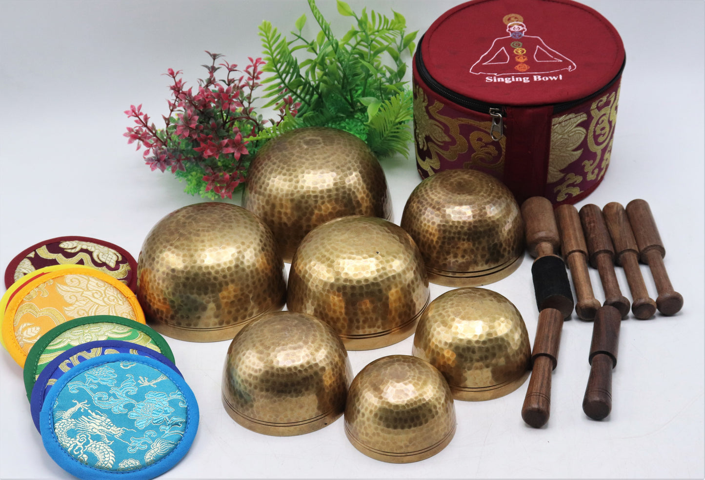 Set of 7 hand-hammered Tibetan singing bowls for sound healing, meditation, yoga, and balancing