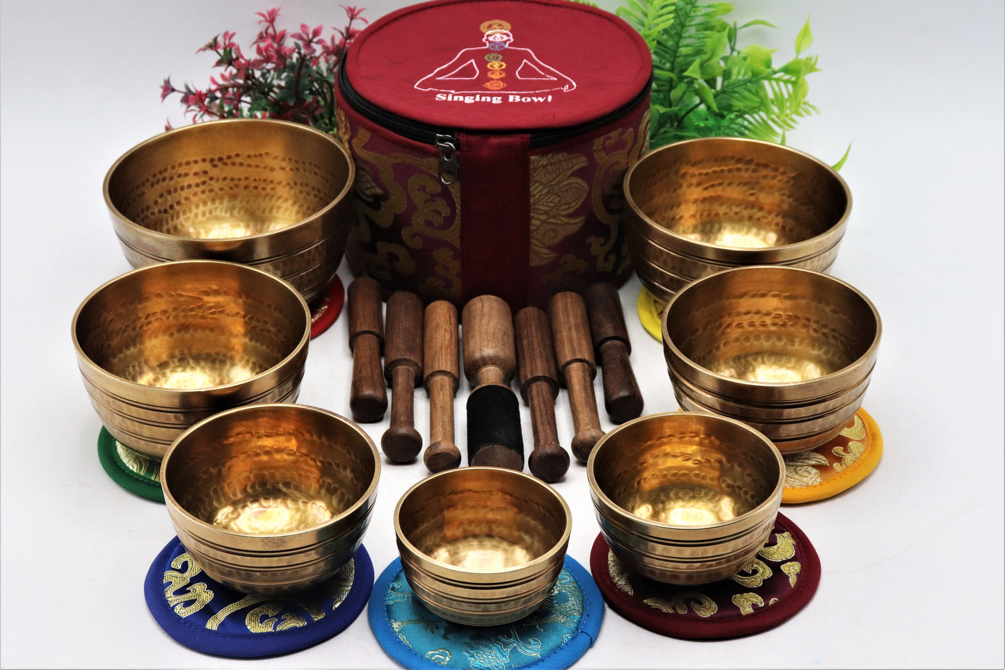 Set of 7 hand-hammered Tibetan singing bowls for sound healing, meditation, yoga, and balancing