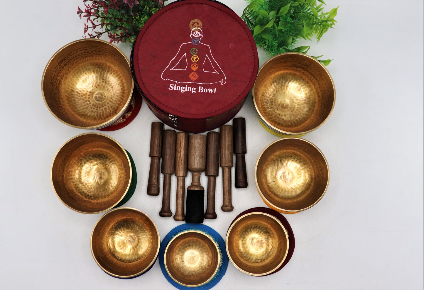 Set of 7 hand-hammered Tibetan singing bowls for sound healing, meditation, yoga, and balancing