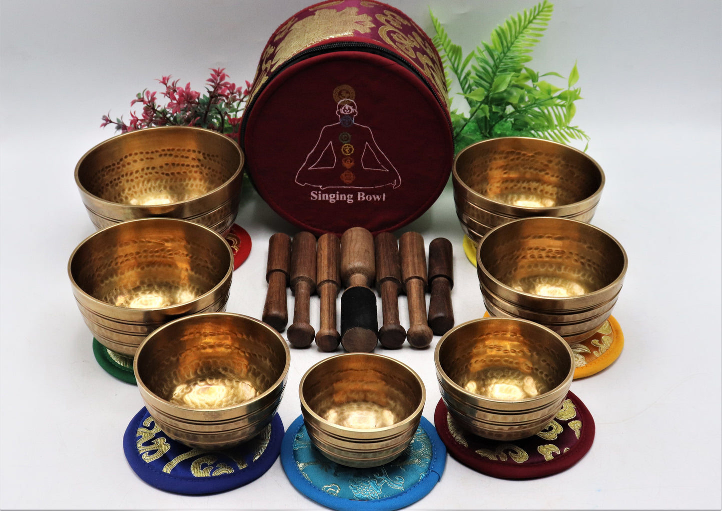 Set of 7 hand-hammered Tibetan singing bowls for sound healing, meditation, yoga, and balancing