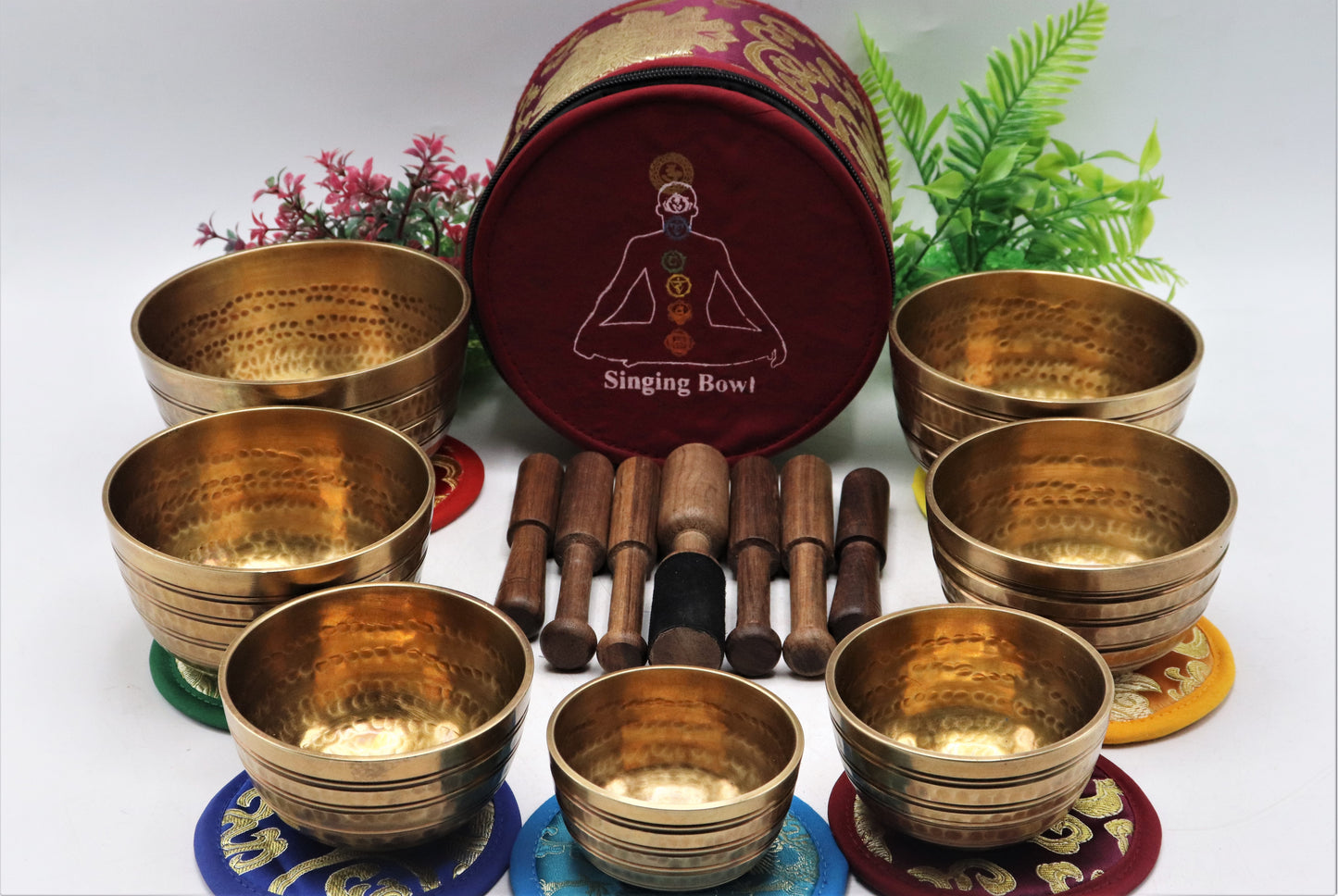 Set of 7 hand-hammered Tibetan singing bowls for sound healing, meditation, yoga, and balancing