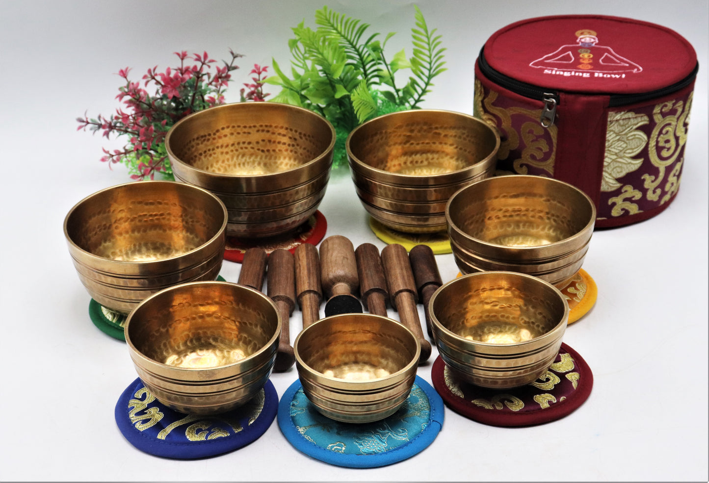 Set of 7 hand-hammered Tibetan singing bowls for sound healing, meditation, yoga, and balancing
