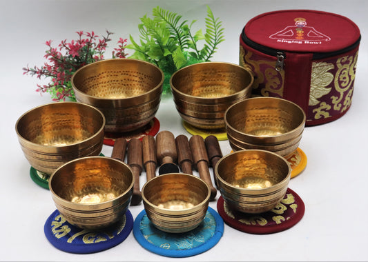 Set of 7 hand-hammered Tibetan singing bowls for sound healing, meditation, yoga, and balancing