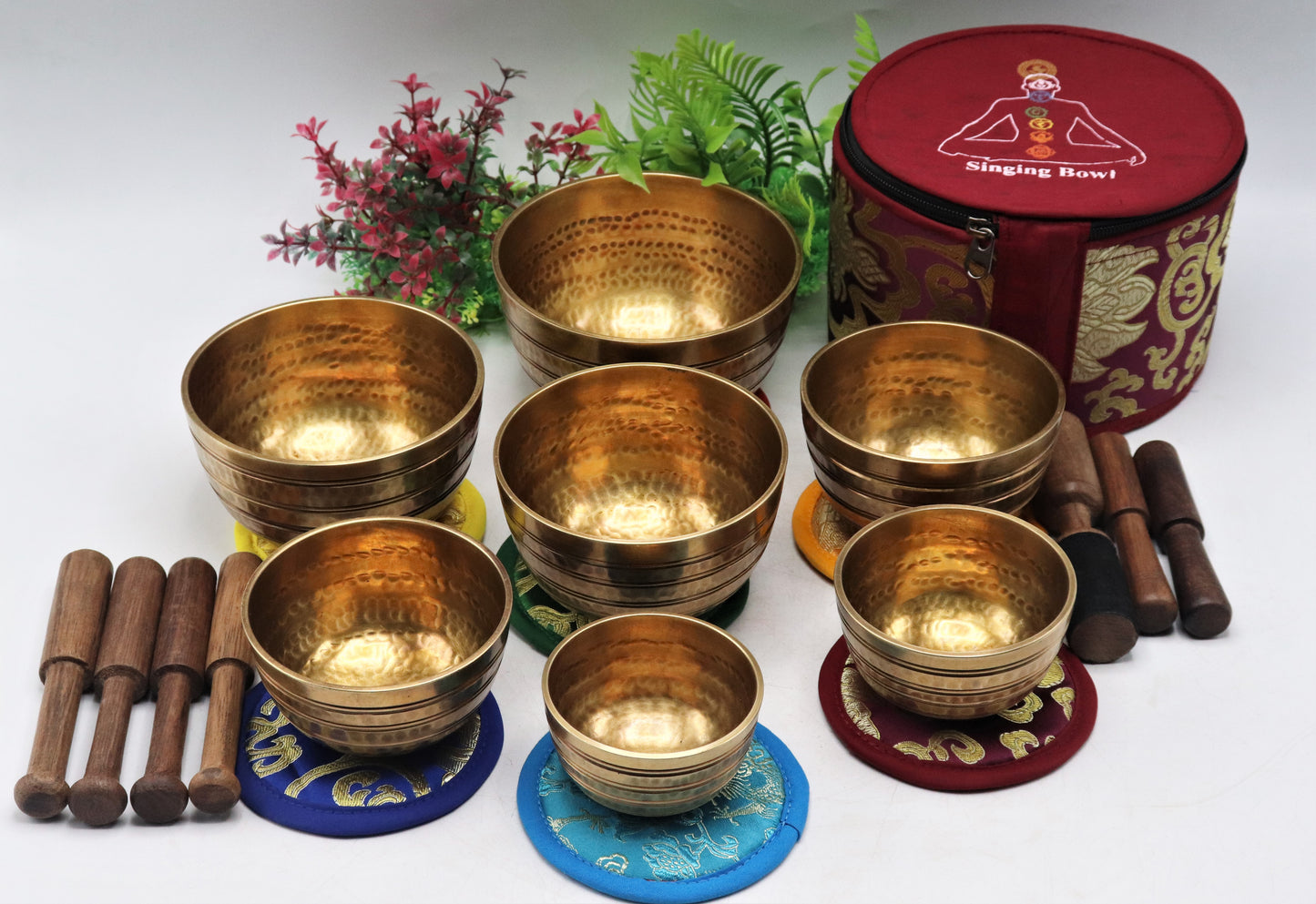 Set of 7 hand-hammered Tibetan singing bowls for sound healing, meditation, yoga, and balancing