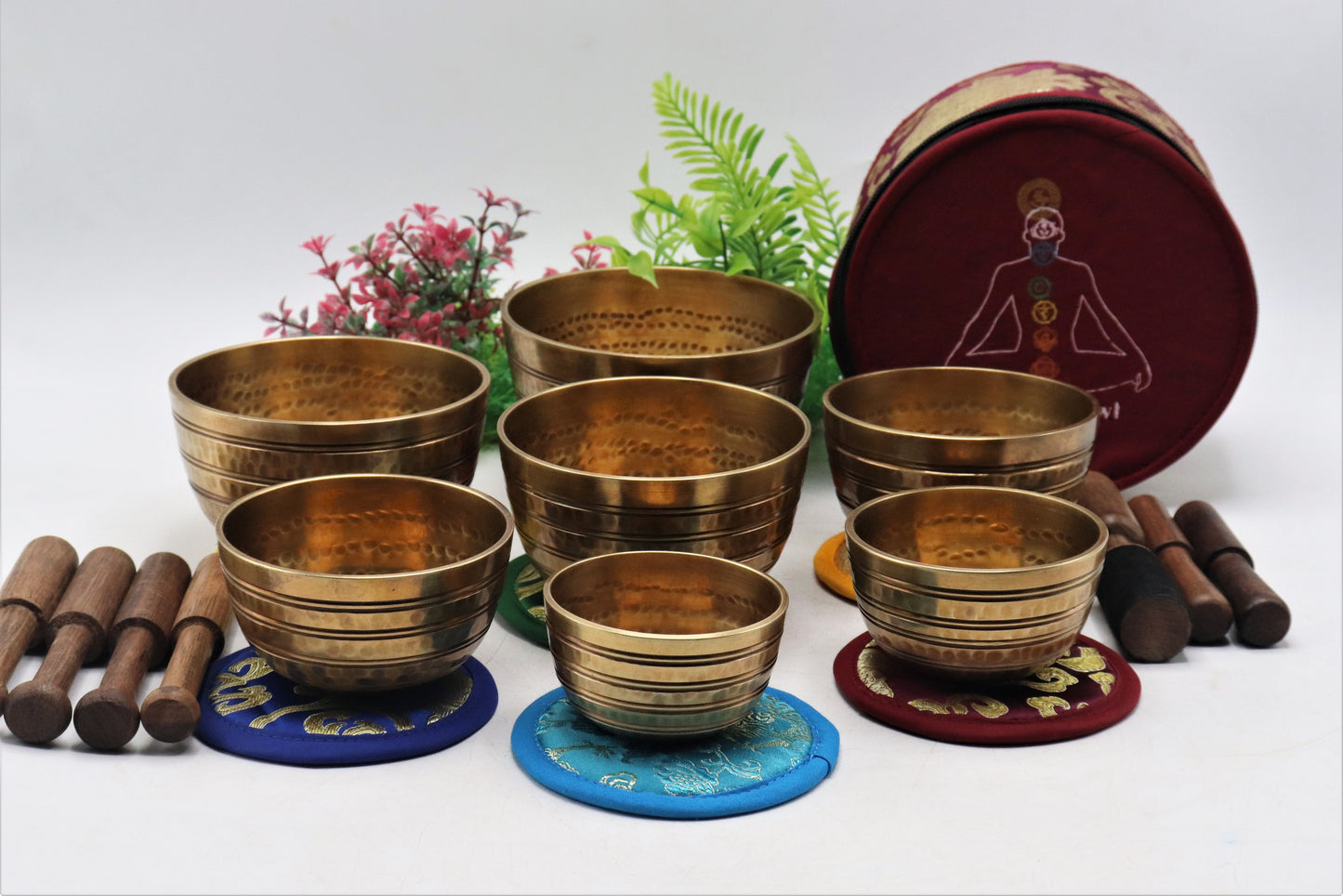 Set of 7 hand-hammered Tibetan singing bowls for sound healing, meditation, yoga, and balancing